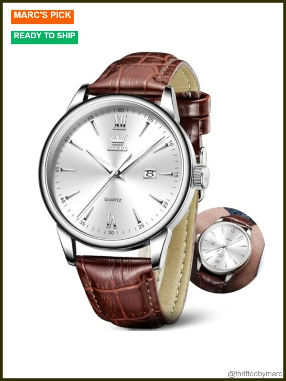 Leather Band Watch for Men, Big Face, Quartz, Date Display, Brown Faux Leather,